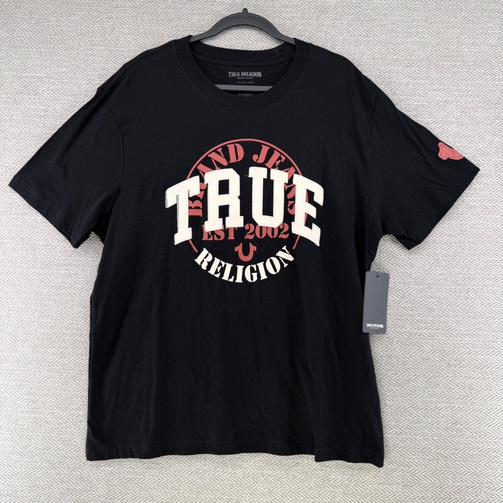 True Religion T-Shirt Large Black Cotton Embroidered Logo Short Sleeve Tee New